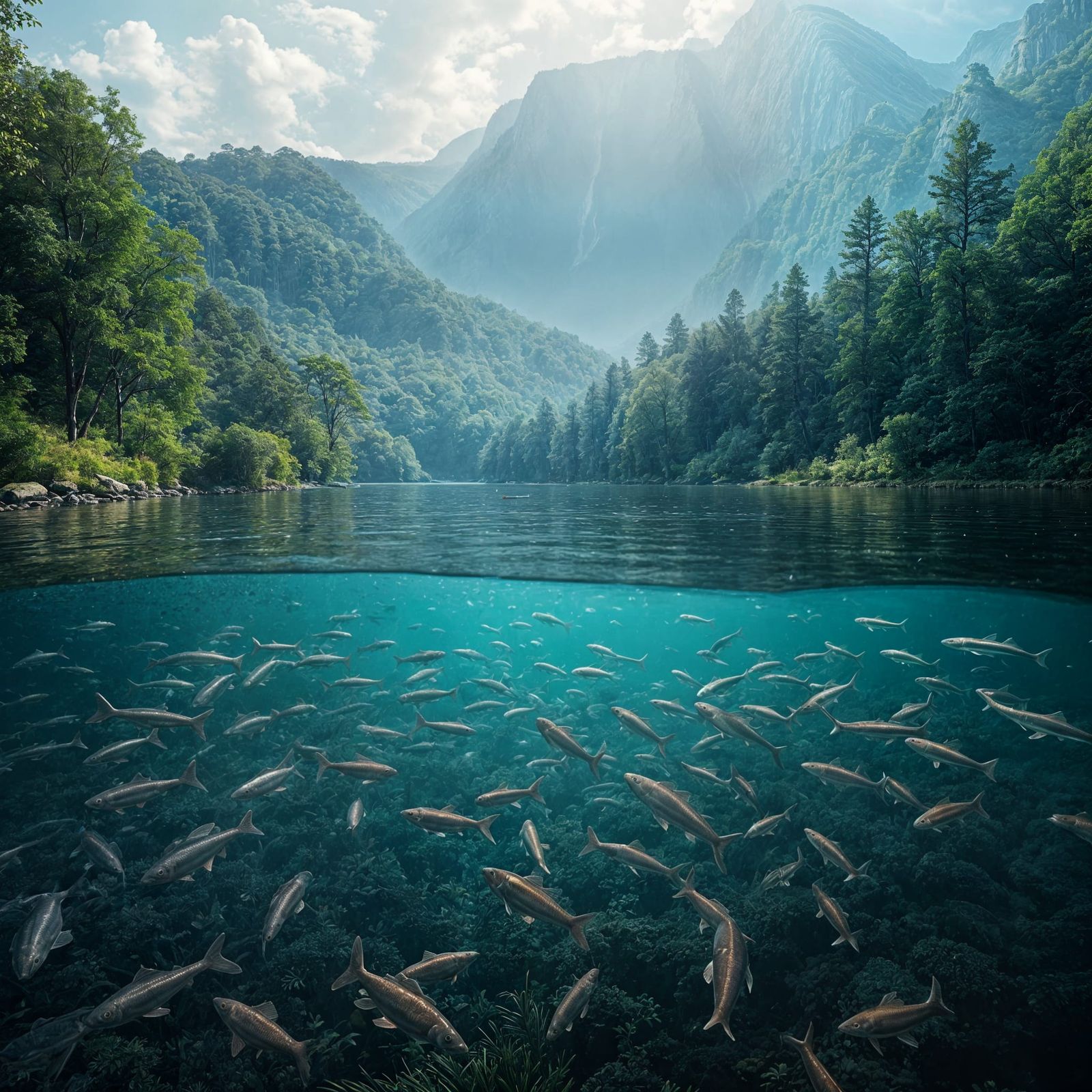 Pristine River Ecosystem with Abundant Fish Life