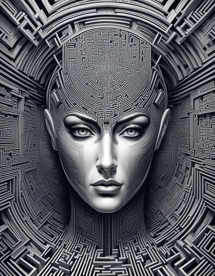 Cyborg Woman in Escher-esque Trompe-l'oeil Maze