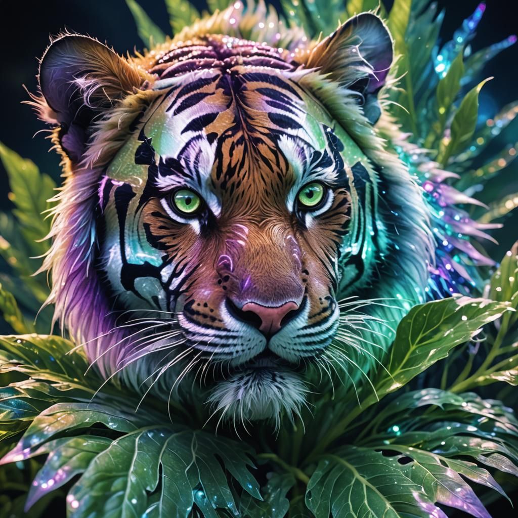 Cosmic Miniature Tiger on Leaf in Surreal Style