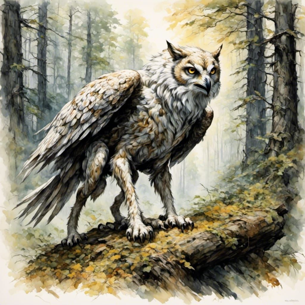 Sleek Owl-Wolf Griffin in Forest: Fantasy Illustration