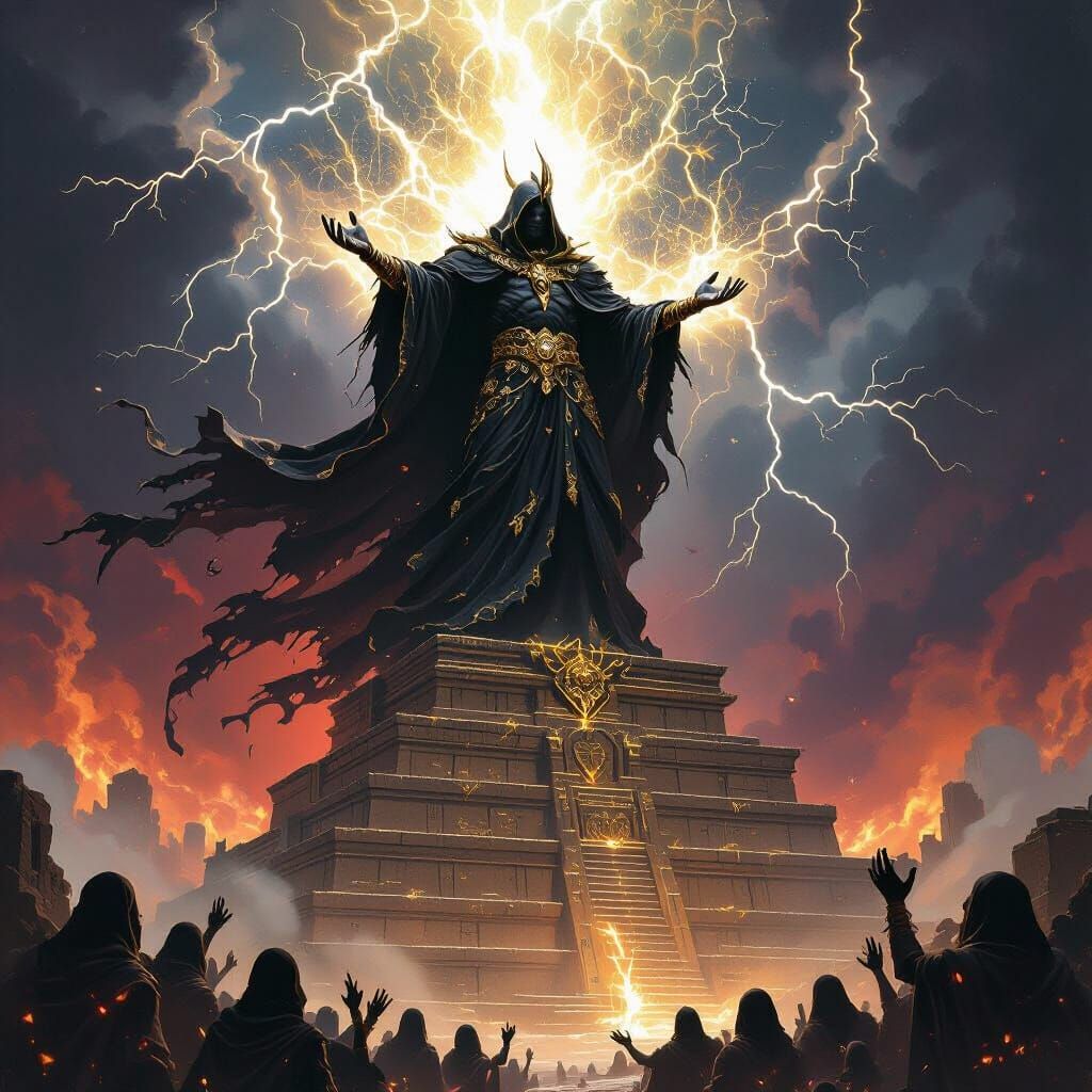 Shadow God Blesses Masses from Floating Ziggurat