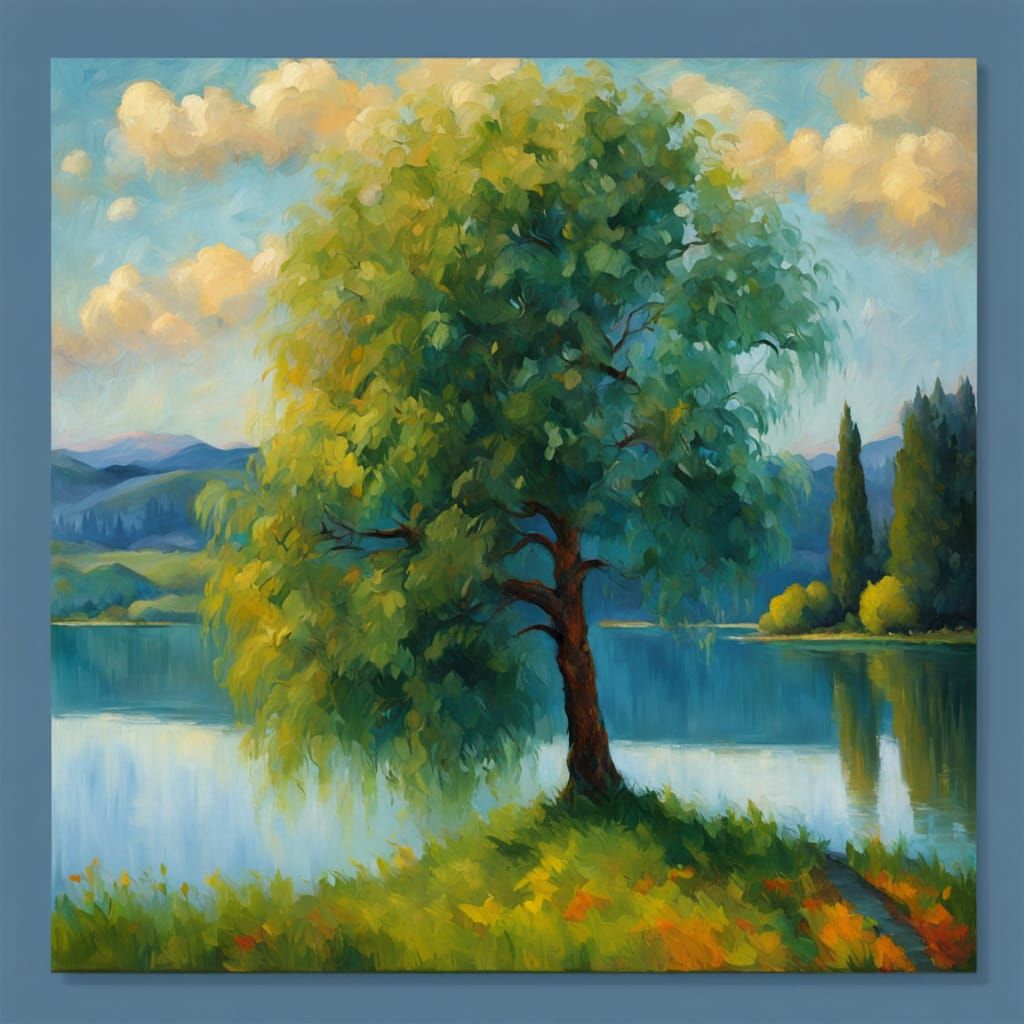 Neo-Impressionist Tree by Calm Lake Oil Painting