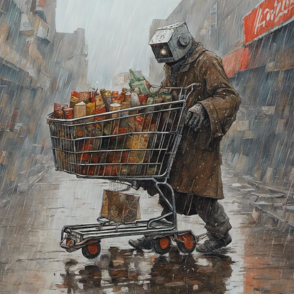 Homeless Robot Pushing Trolley in the Rain