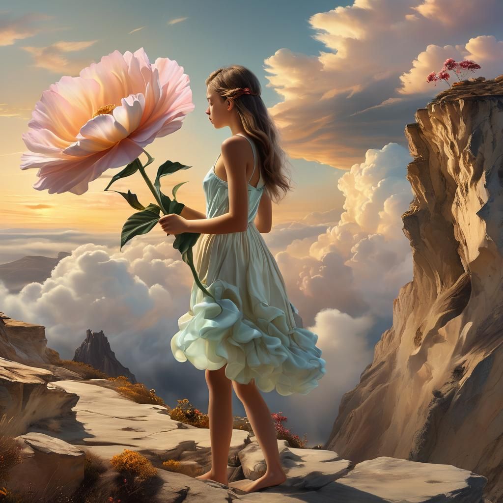 Surreal Girl with Flower on Cliff Edge