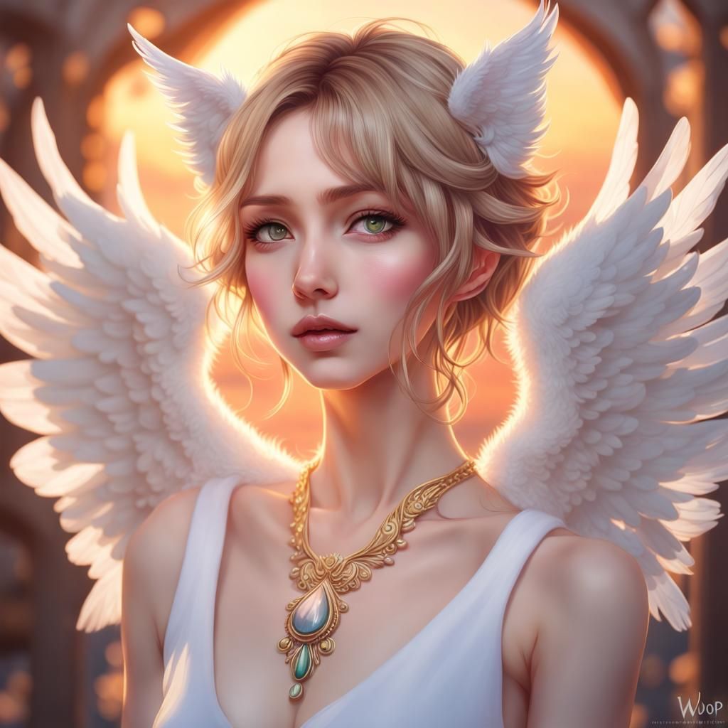 Anime Portrait: Angelic Woman with Wings and Cat Ears
