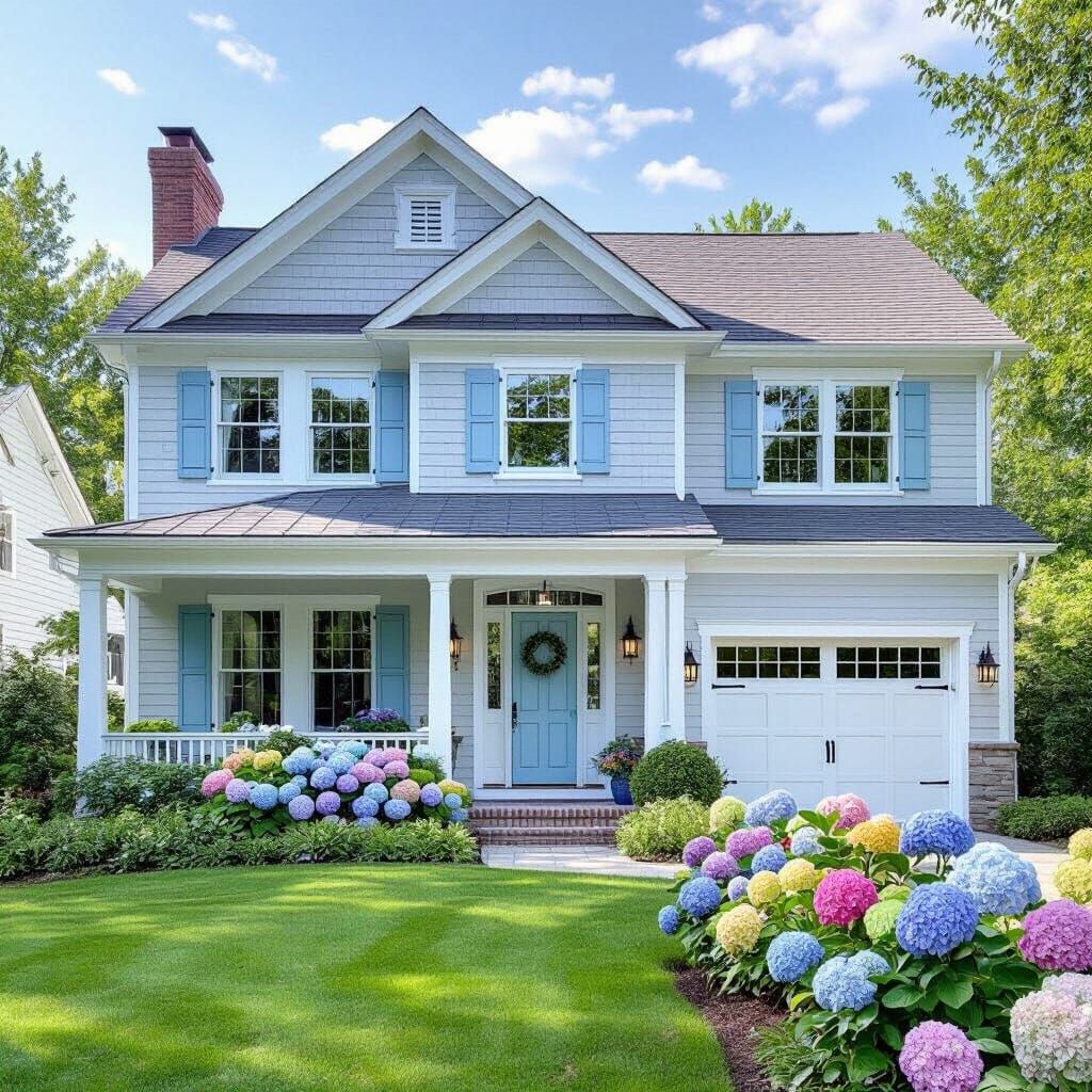 Light Grey House with Baby Blue Shutters and Hydrangeas