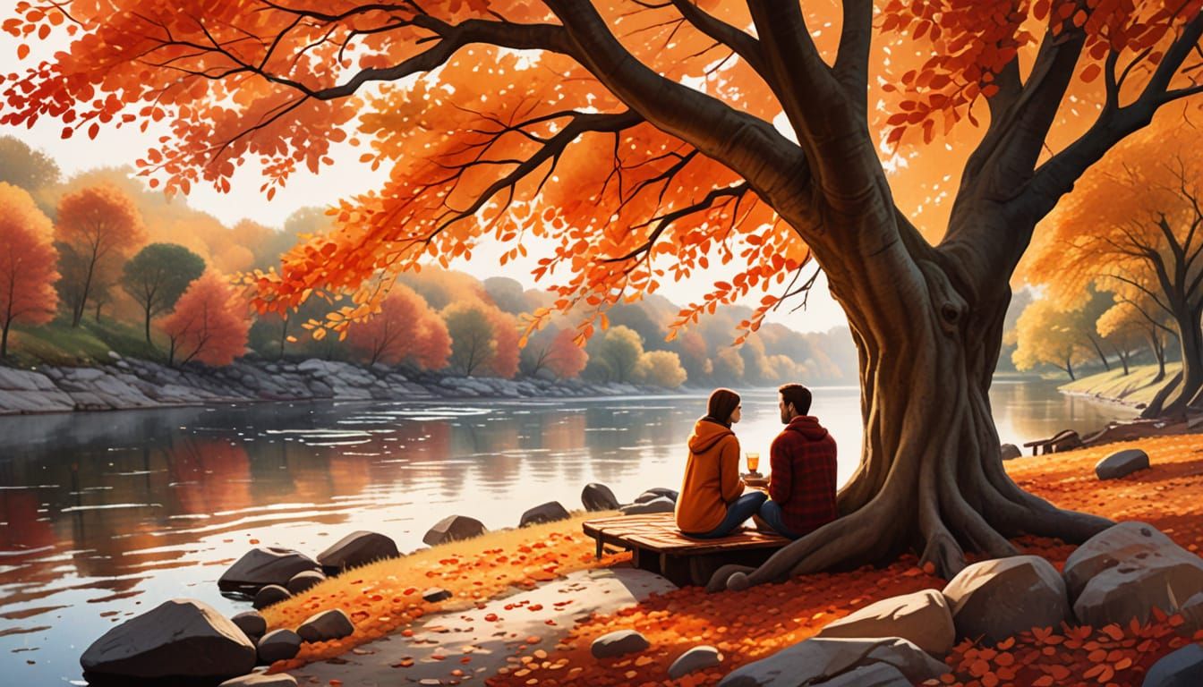 Romantic Date Under Autumn Tree: Storybook Illustration