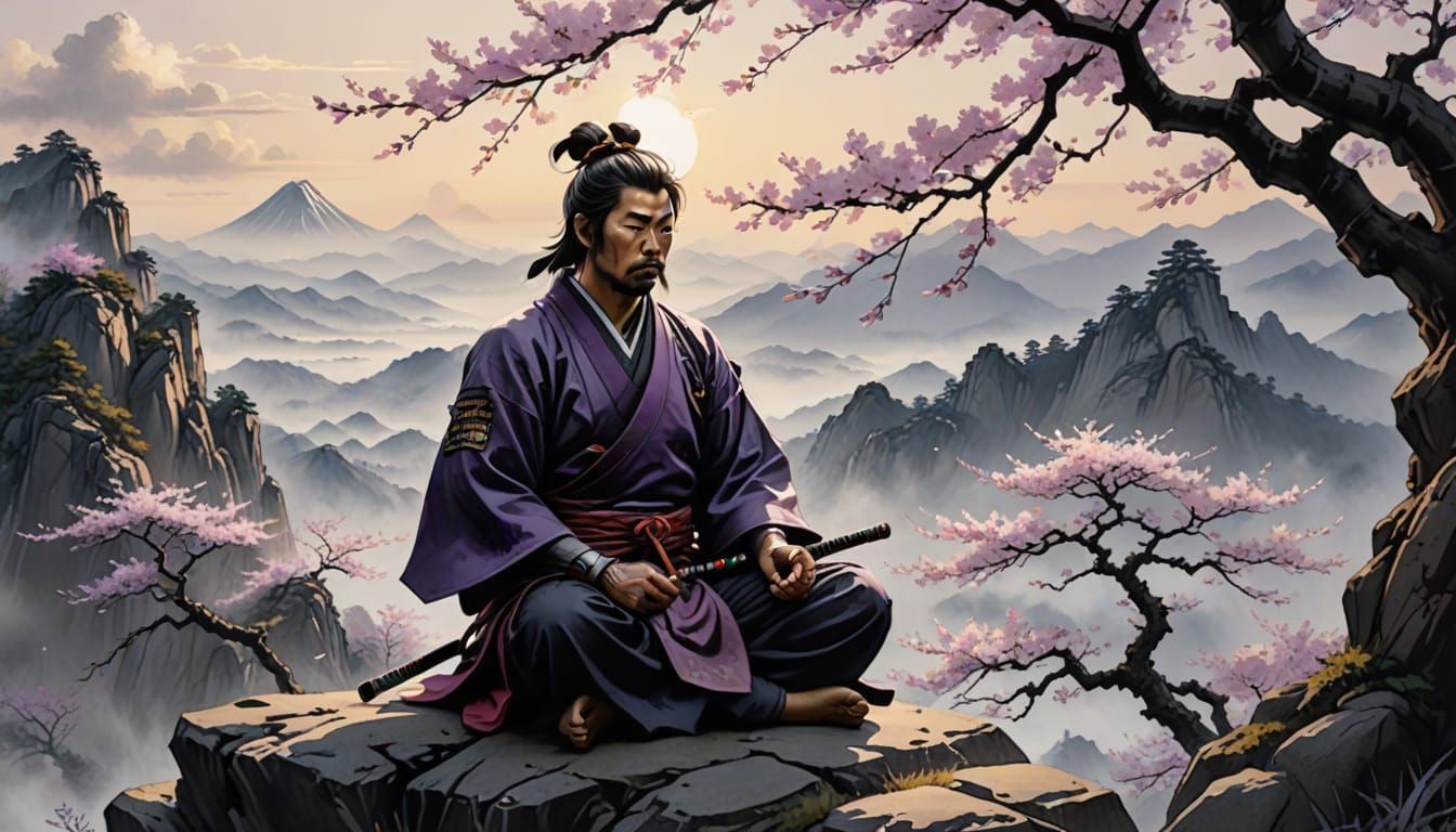 Samurai Meditation in Japanese Ink Wash Style