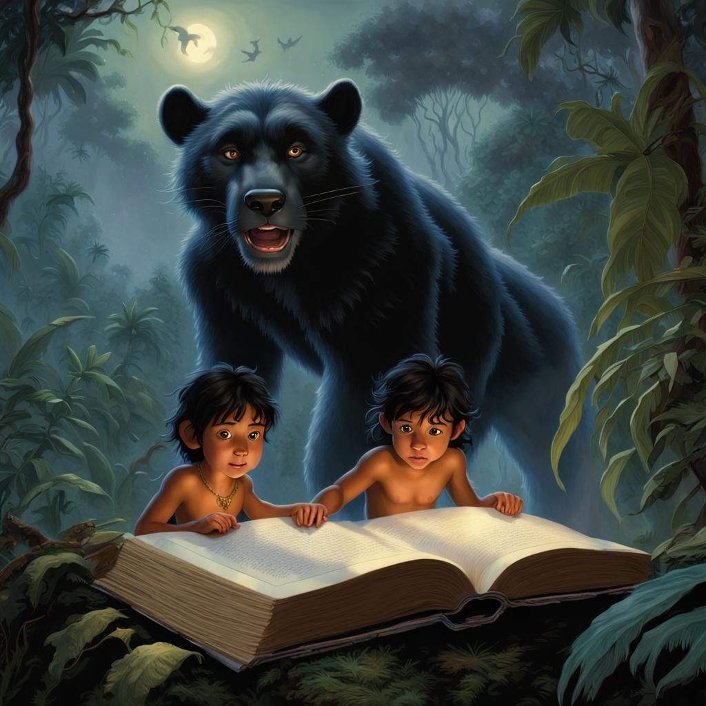 Mowgli, Baloo and Bagheera from junglebook climb out of an open thick book. background jungle, dense fog, night, moonlig...