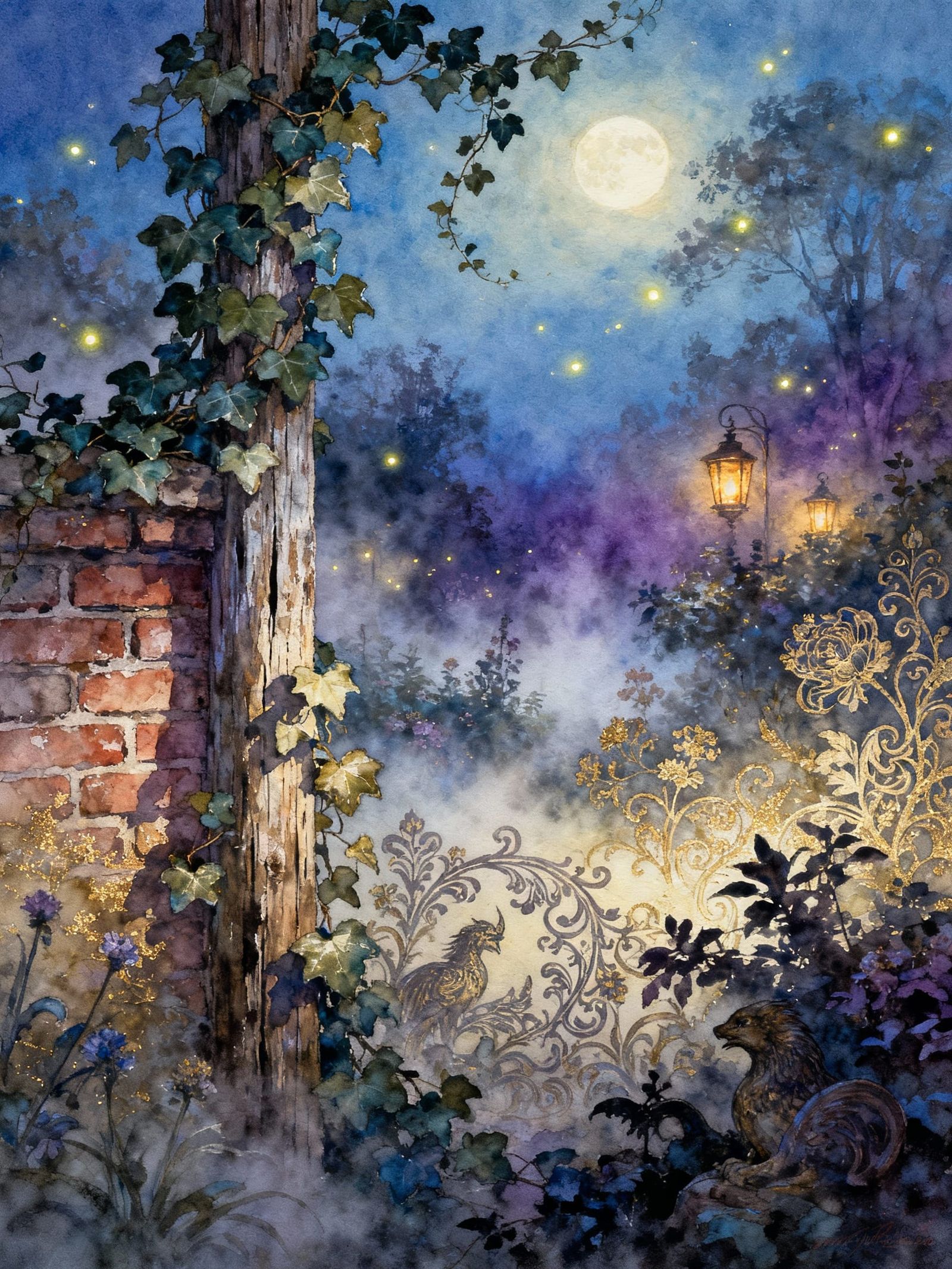 Ethereal Garden Scene in Enchanting Moonlight