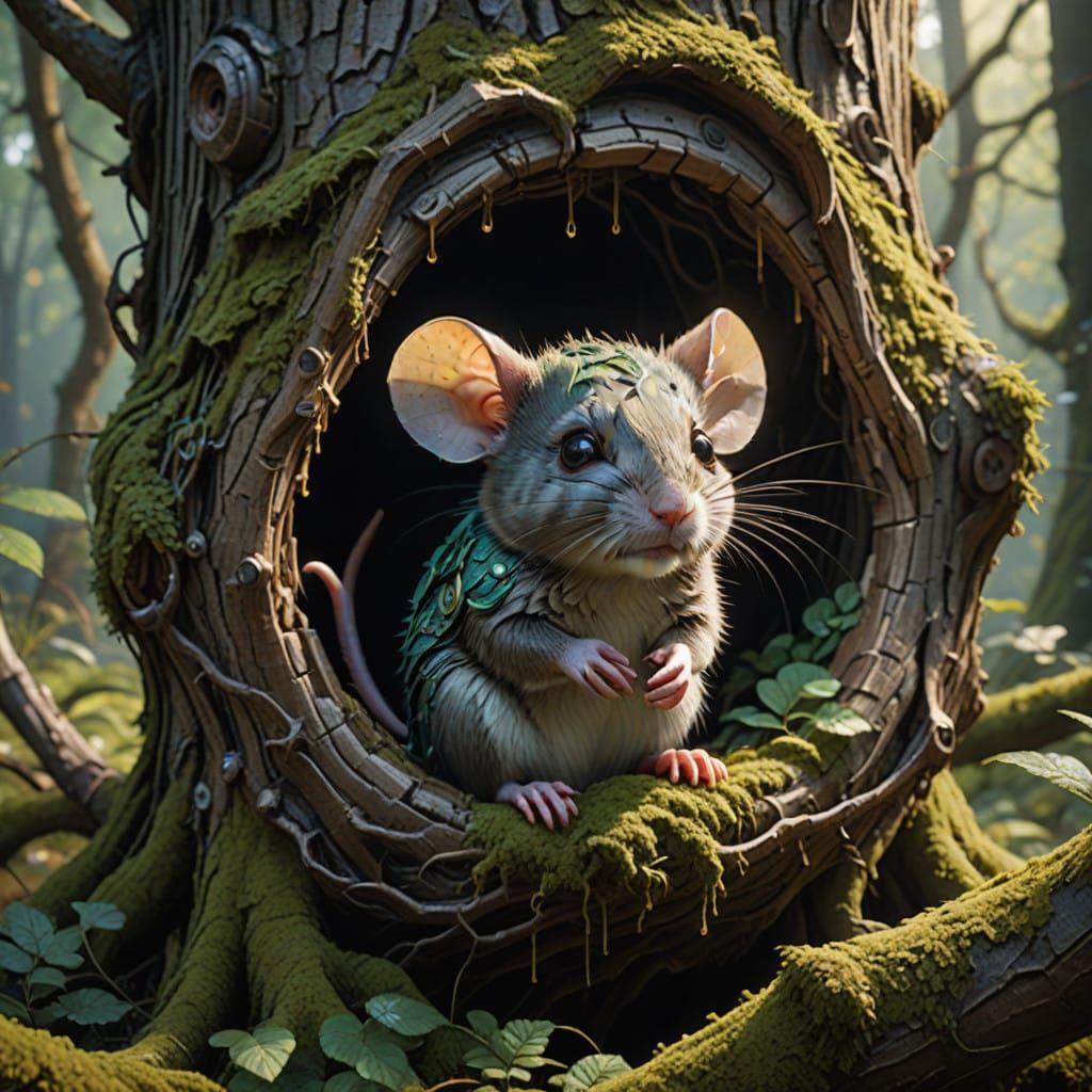Whimsical Baby Mouse in Ancient Tree Hollow