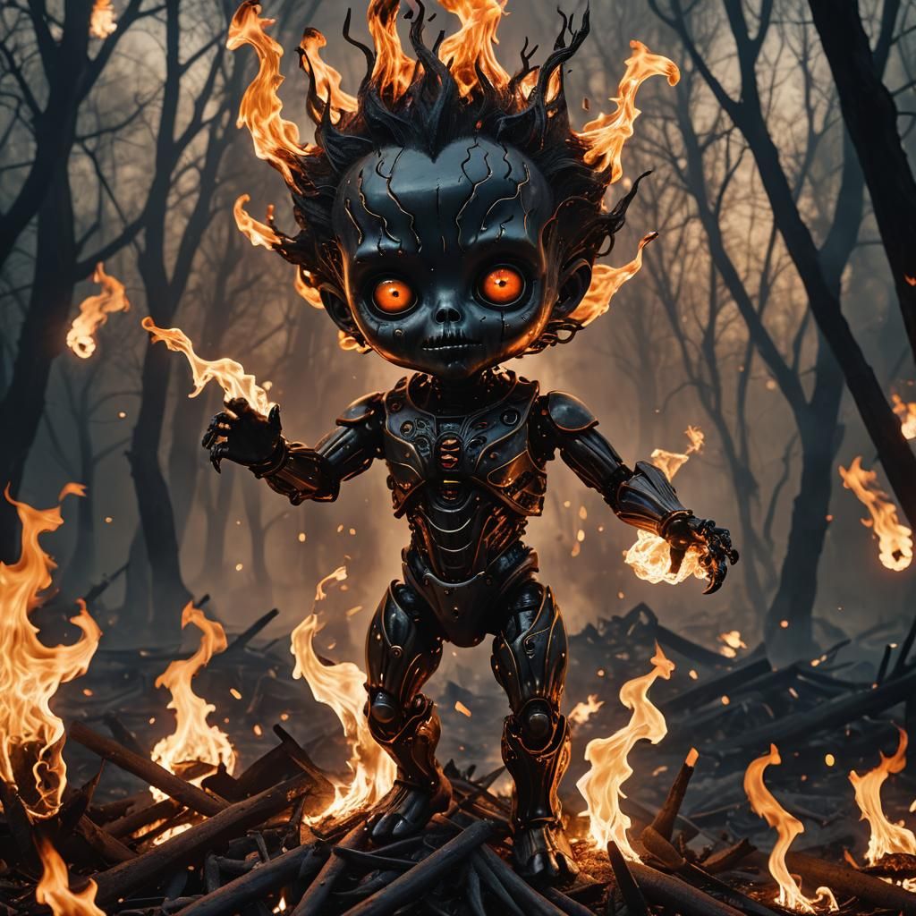 Sinister Alien Doll Ablaze: Dark Fantasy Digital Art