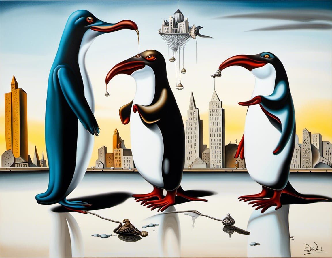 Surreal Platypus vs Penguin Urban Scene