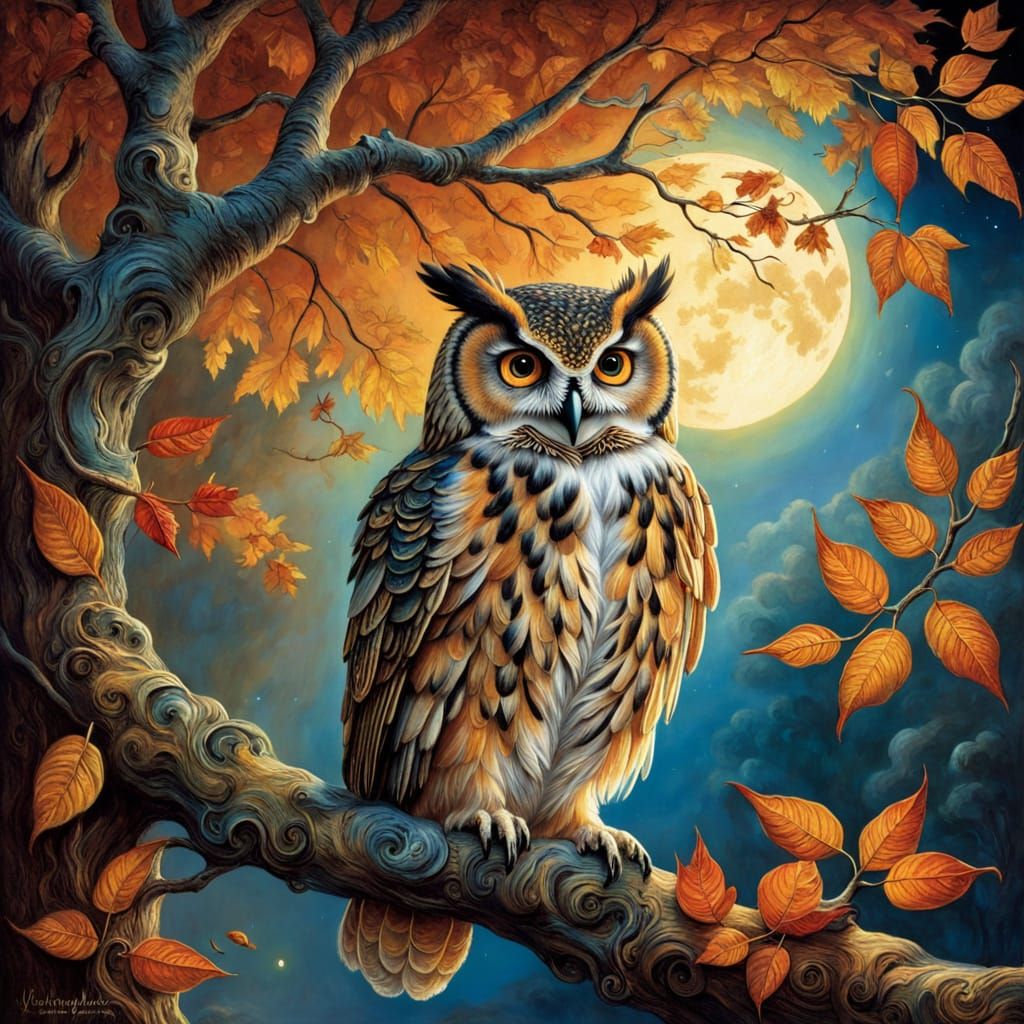 Autumn Owl in Moonlit Forest, Fantasy Art
