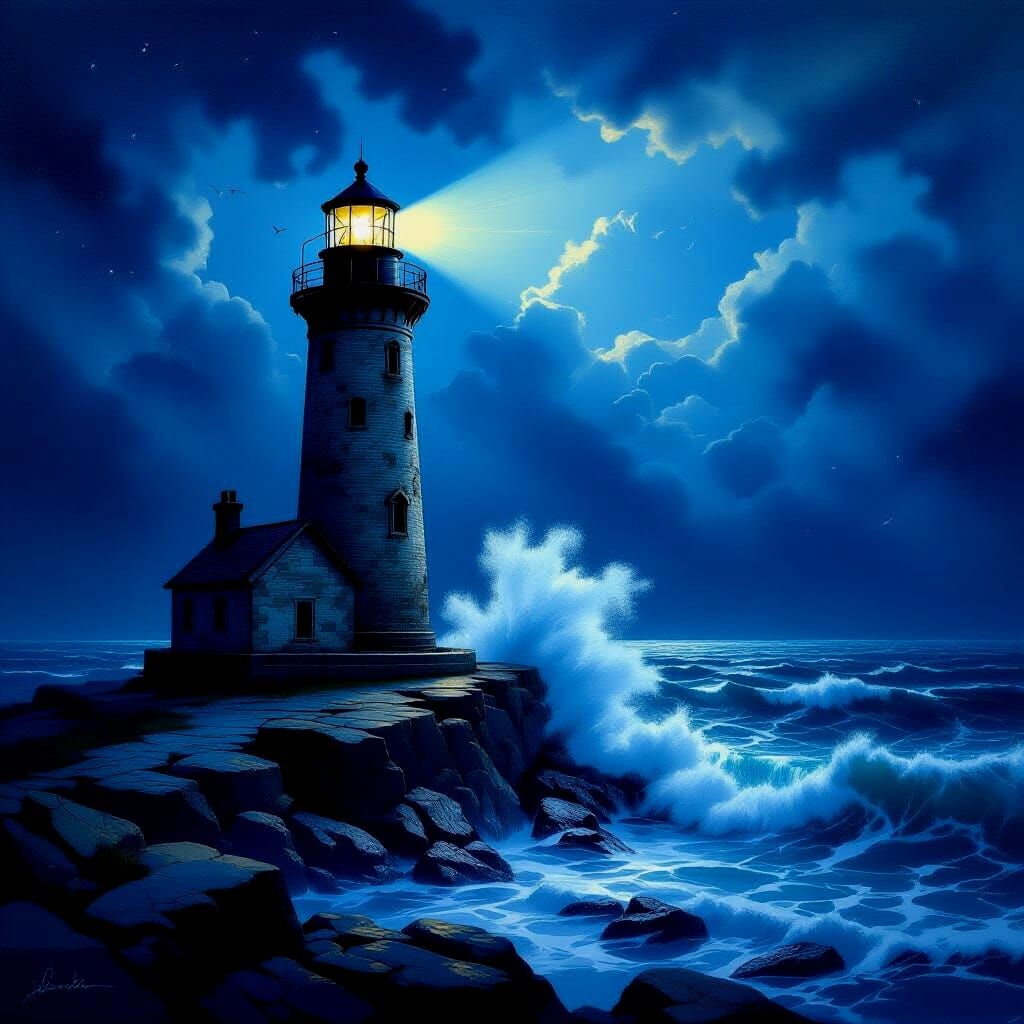 Lighthouse Beacon in Stormy Night Sky