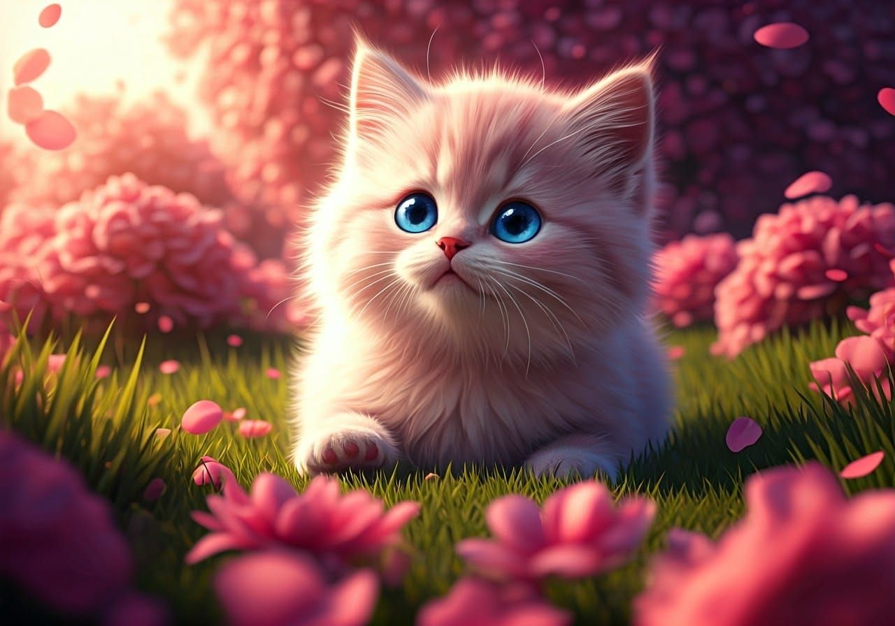 Pink Kitten in Flower Garden: 3D CGI Rendering