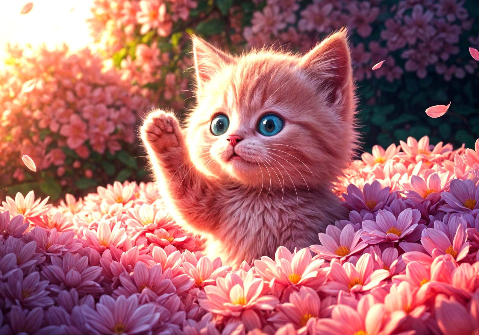 Cute Pink Kitten in Flower Garden, 3D Render