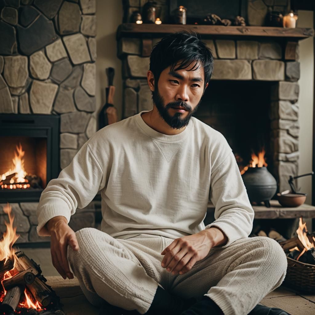 Attractive Japanese Elf Lounging by Fireplace
