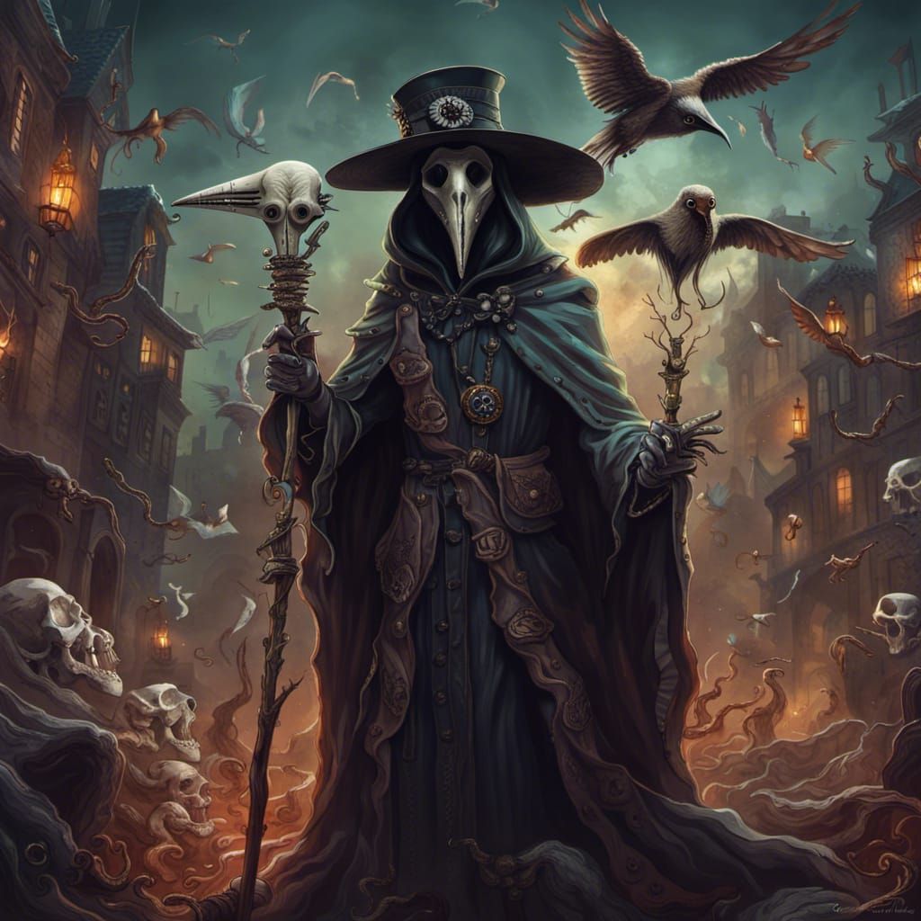 Plague Doctor with Bird Skull Staff, Detailed Matte Painting