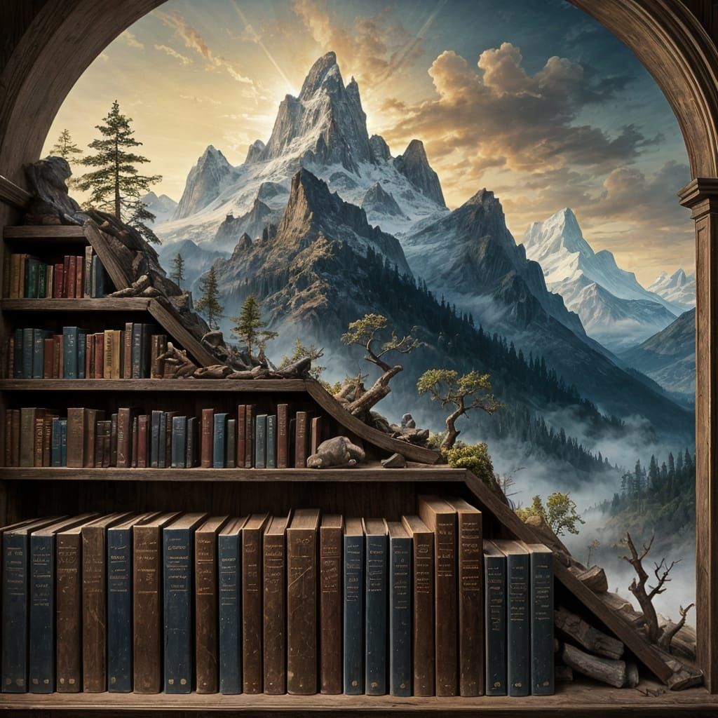 Towering Bookshelves Merge with Snow-Capped Mountains