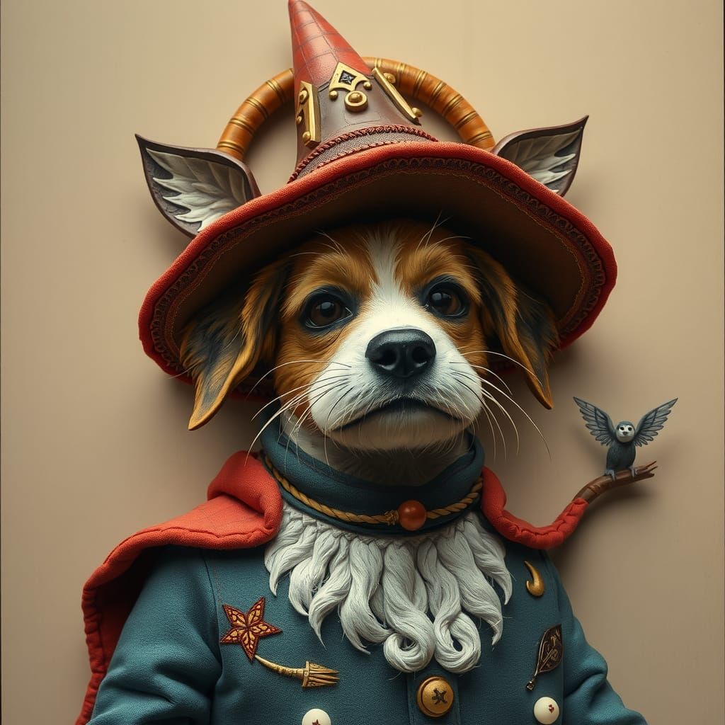 Whimsical Wizard Dog in Folk Art Style