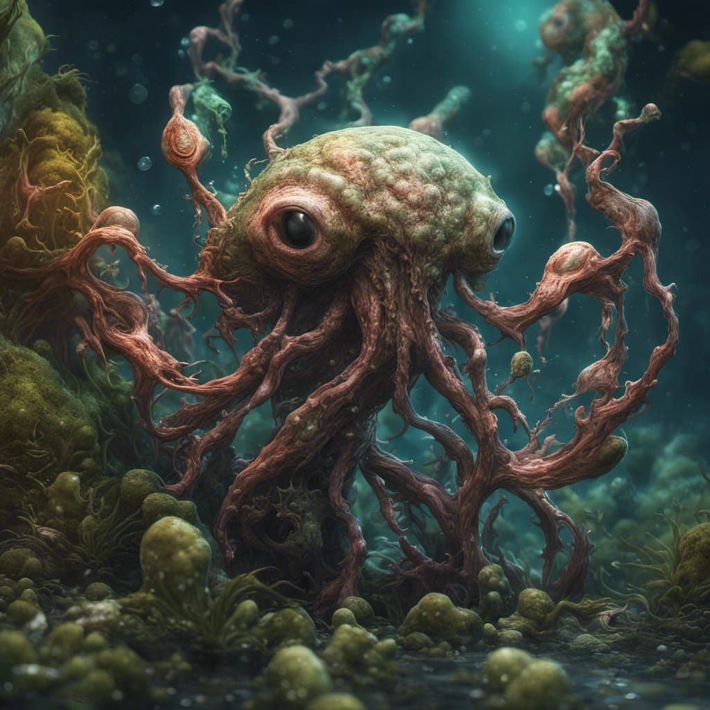 symbiotic alien, bio organic, plant life, twisting, and winding, fractal backround, under water, hyper realistic, unreal...