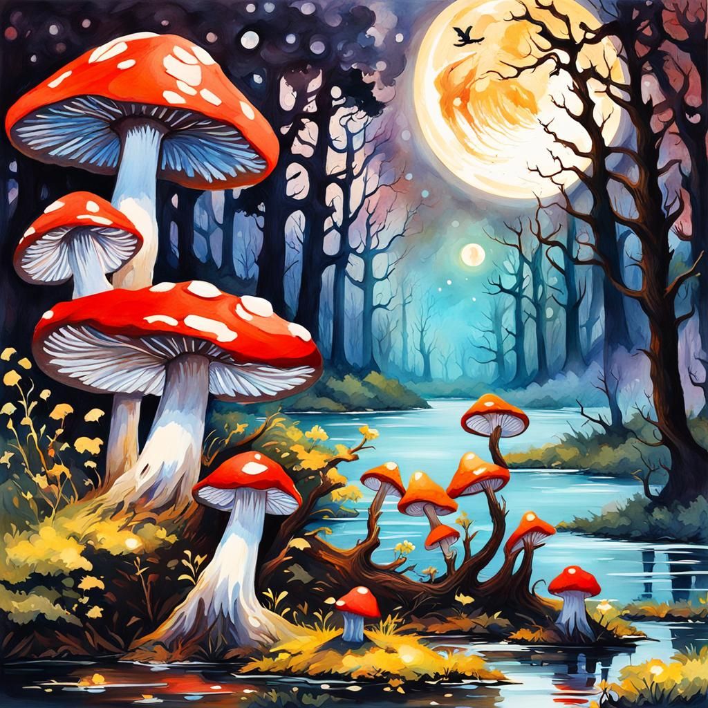 Enchanted Robin in Dark Fantasy Mushroom Forest