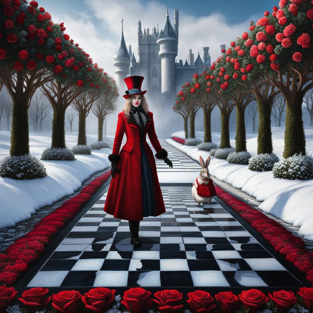 Snow scene in  Wonderland deep winter, Alice wearing a Victorian Winter coat  , Mad Hatter, White Rabbit, Red Queen, on ...