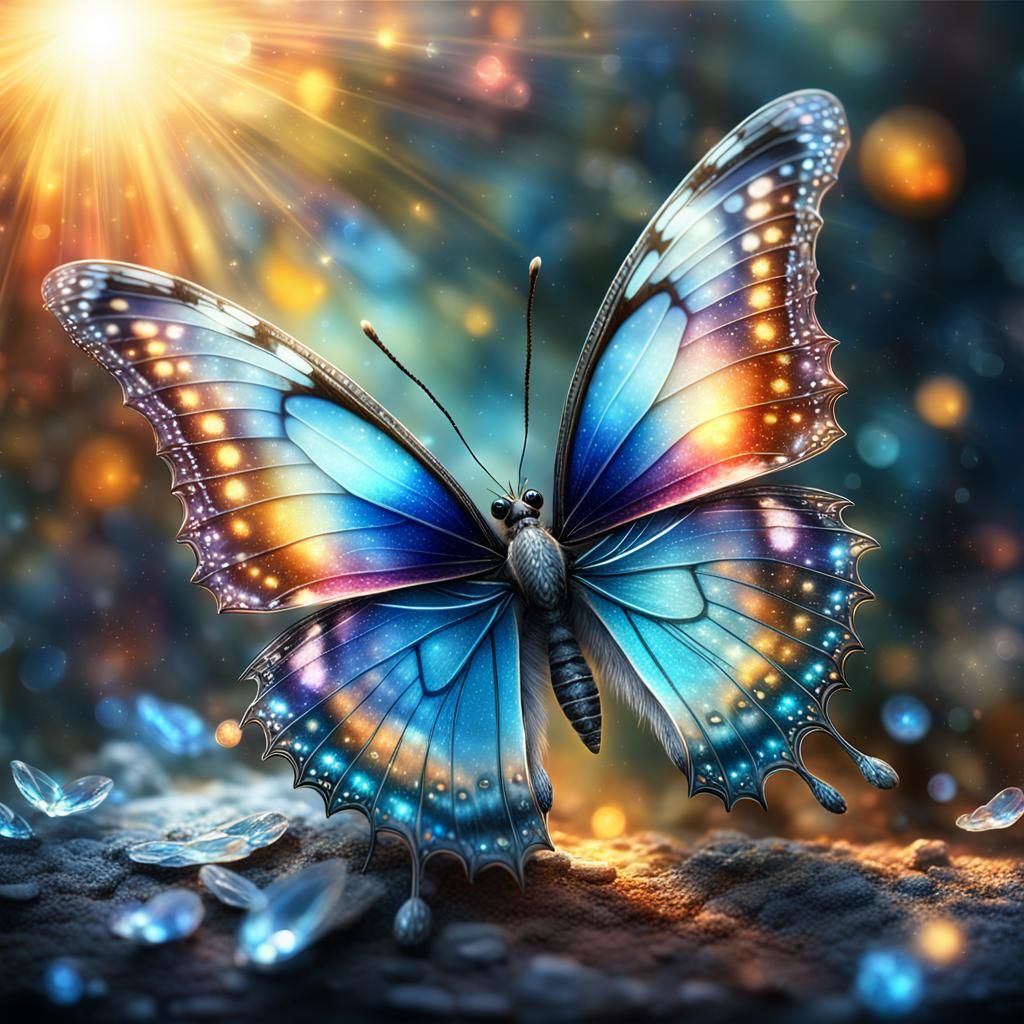 Crystal Butterfly Shimmers in Sunlight: Fantasy Art