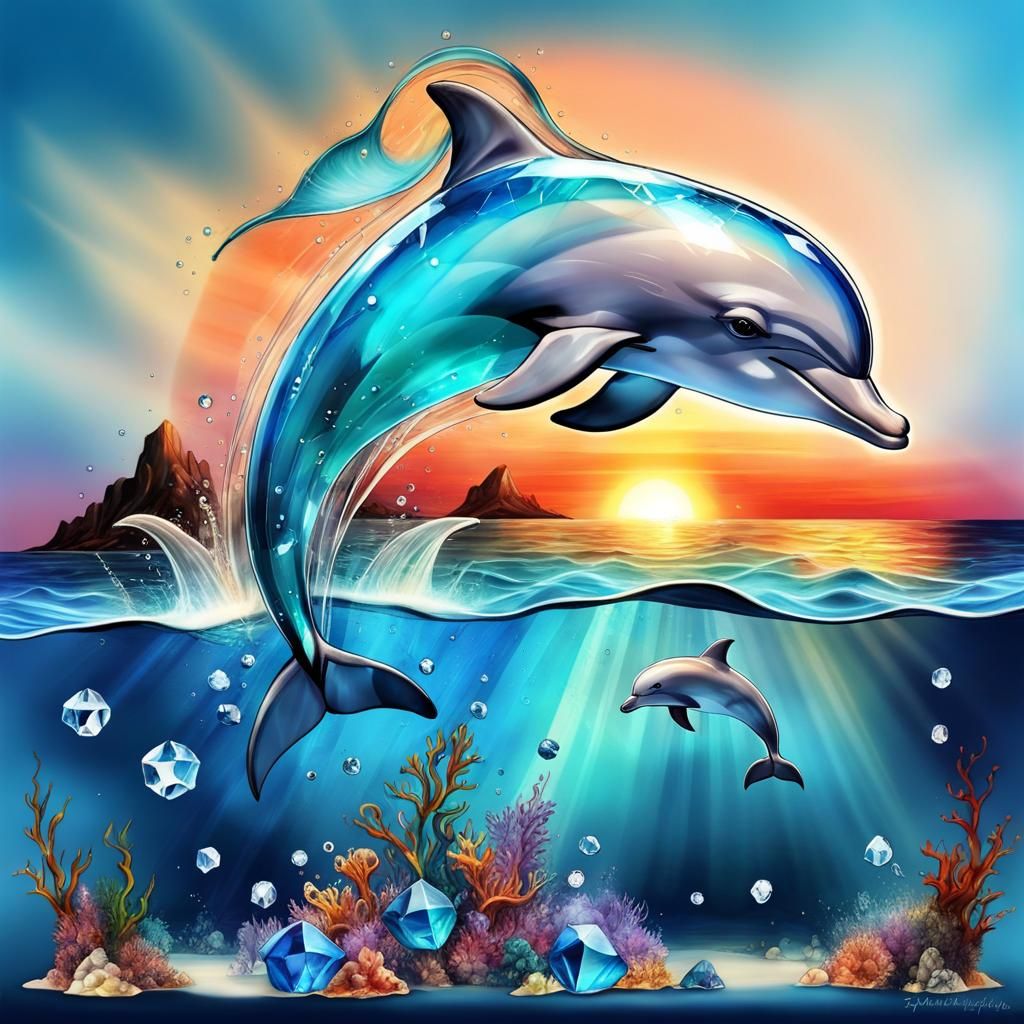 Dolphin in Crystal Sea: Digital Alcohol Ink Illustration
