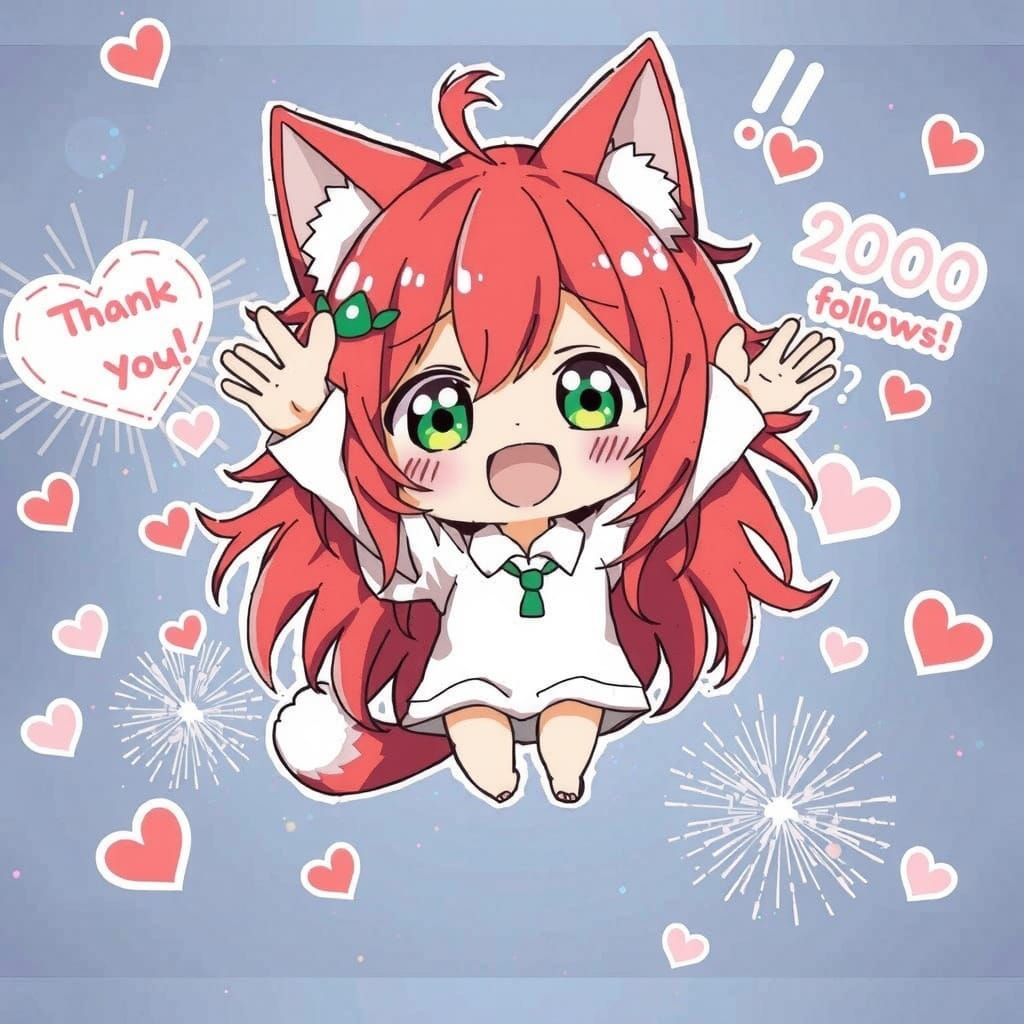 Kawaii Happy Cat Girl Celebrates with Fireworks and Hearts