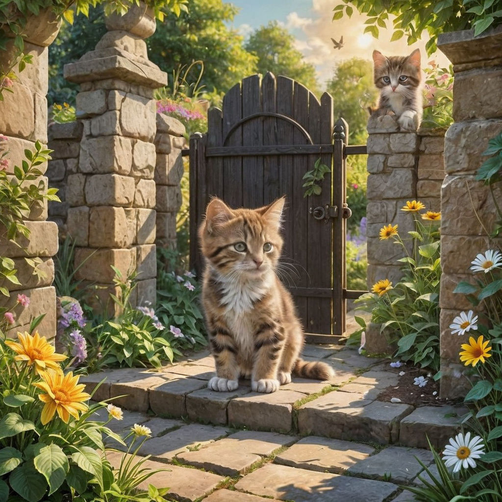 Adorable Kittens Playing by a Garden Gate