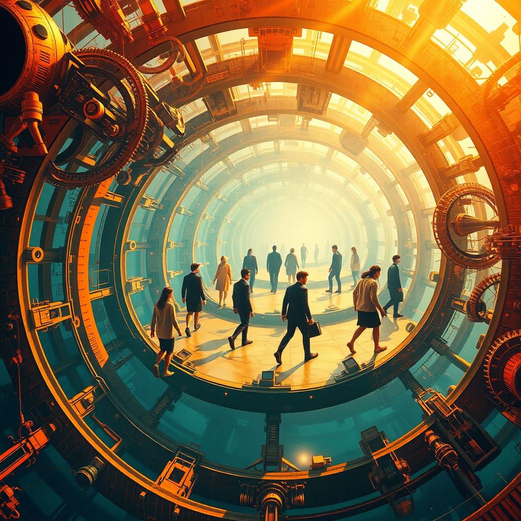 Humans Circle Abstract Societal Mechanisms in 8K Art Nouveau...