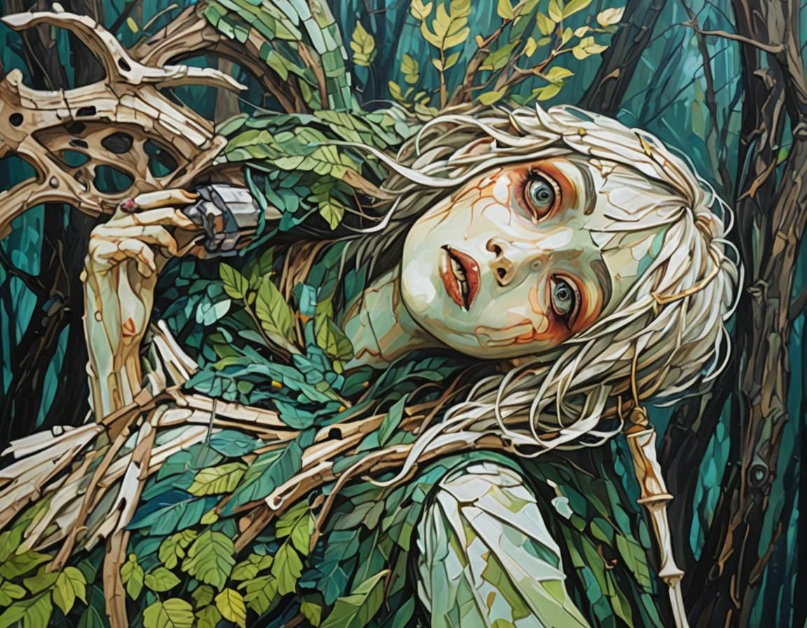 Forest Sprite Princess with Bone Saw in Abstract Art