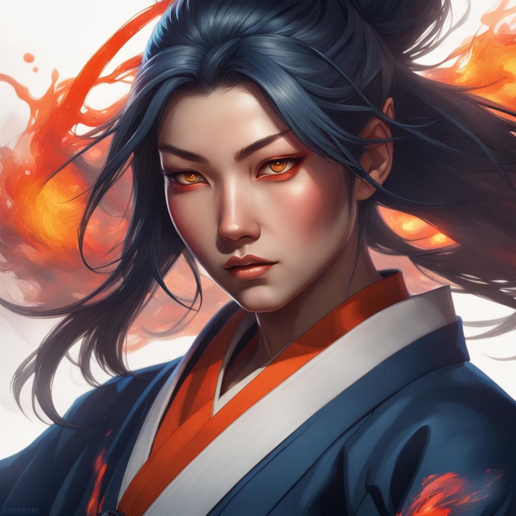 Mysterious Japanese Superheroine Portrait in Art Nouveau Sty...