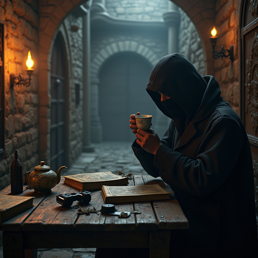 Mysterious Figure Sipping Tea in Dark Alley