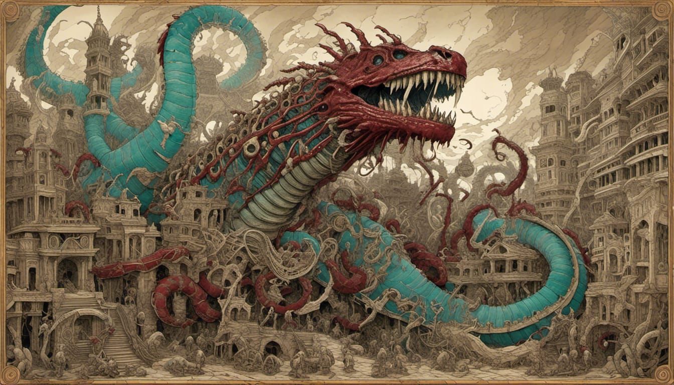 Colossal Hydra-Leviathan Skeleton in Junji Ito Style