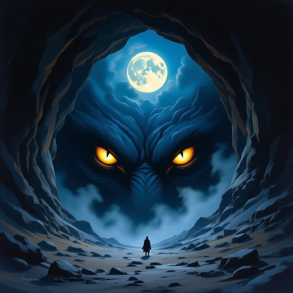 Mysterious Cave Entrance with Glowing Eyes in Dark Fantasy S...