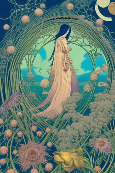 Celestial Woman in Surreal Clematis Bed