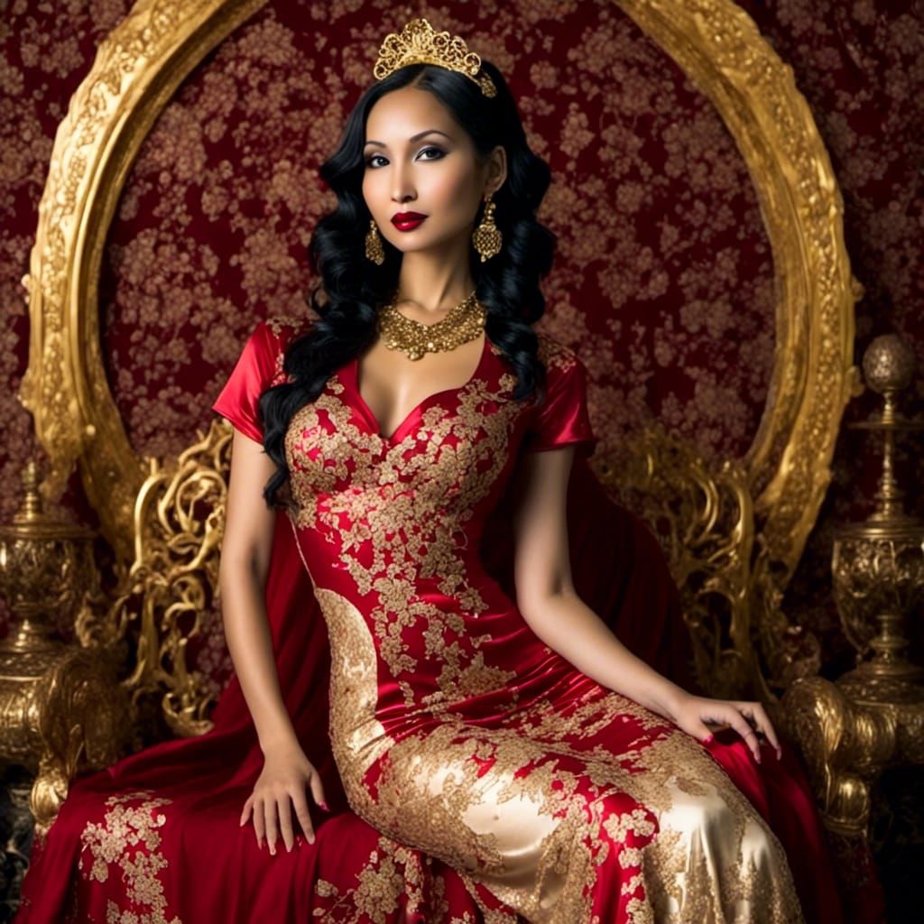Elegant Asian Supermodel in Art Nouveau Style Gown