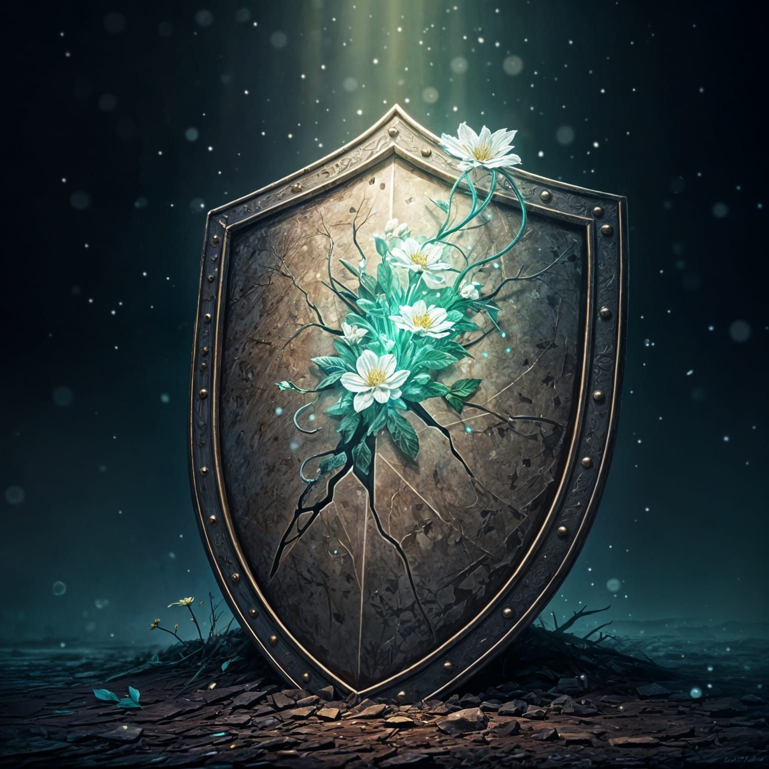 Weathered Shield Blooms with Delicate Flowers in Ethereal Li...