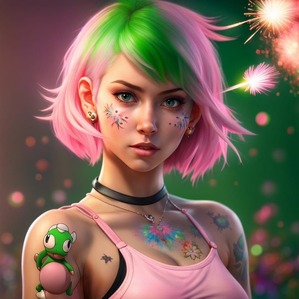 Anime Girl with Yoshi Tattoo and Fireworks
