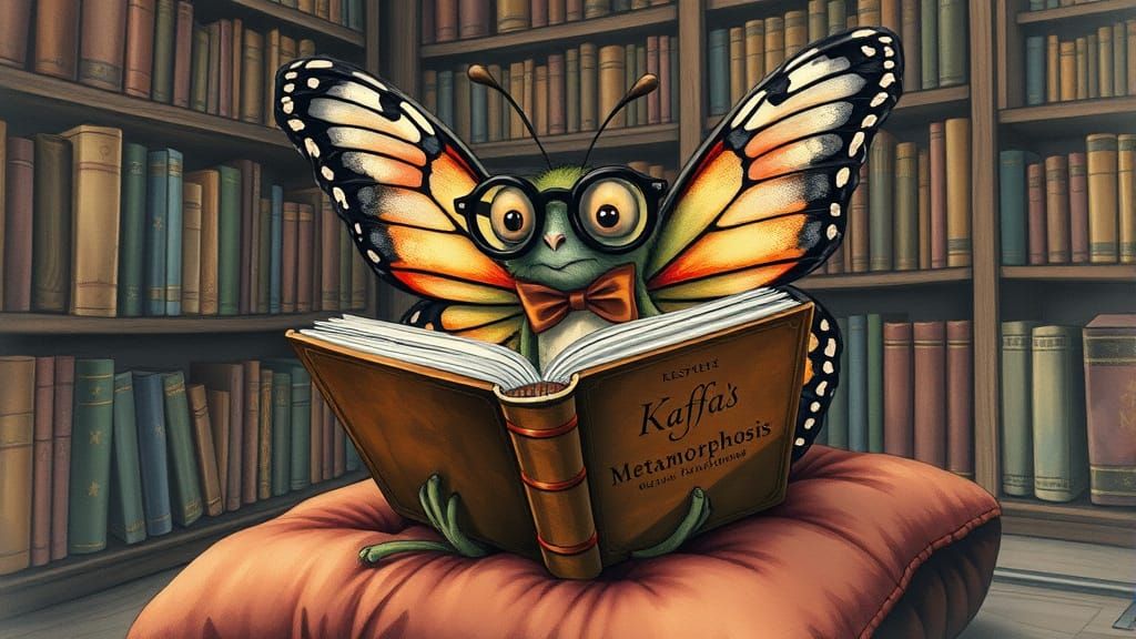 Butterfly Reader in Library, Surrealist Style