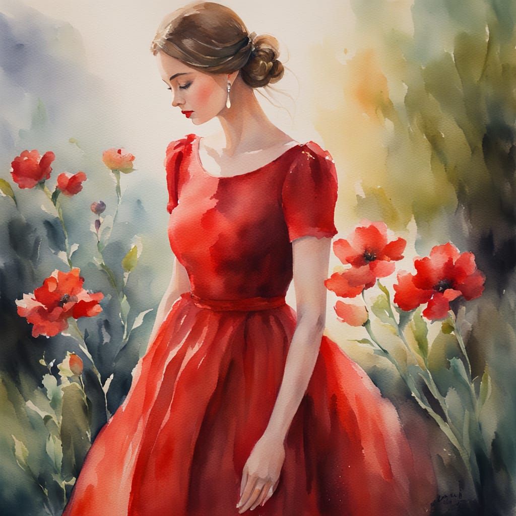 Elegant Lady in Red Watercolour Portrait