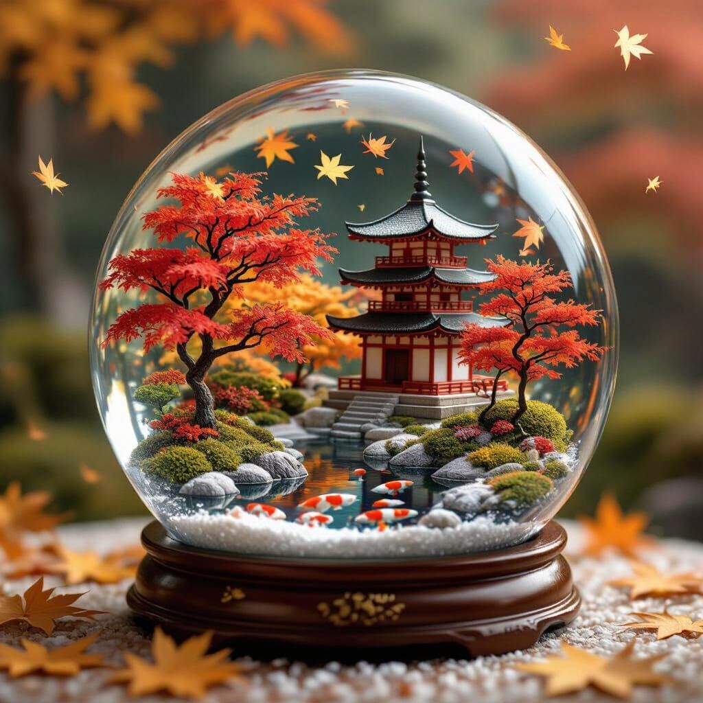 Autumn Japanese Garden in a Snow Globe