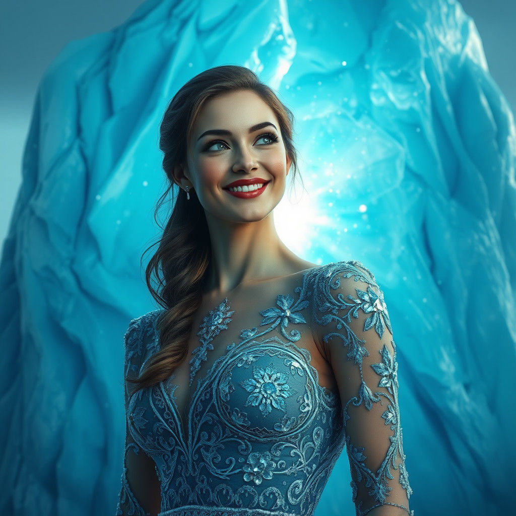 Captivating Woman Smiles Before Colossal Iceberg