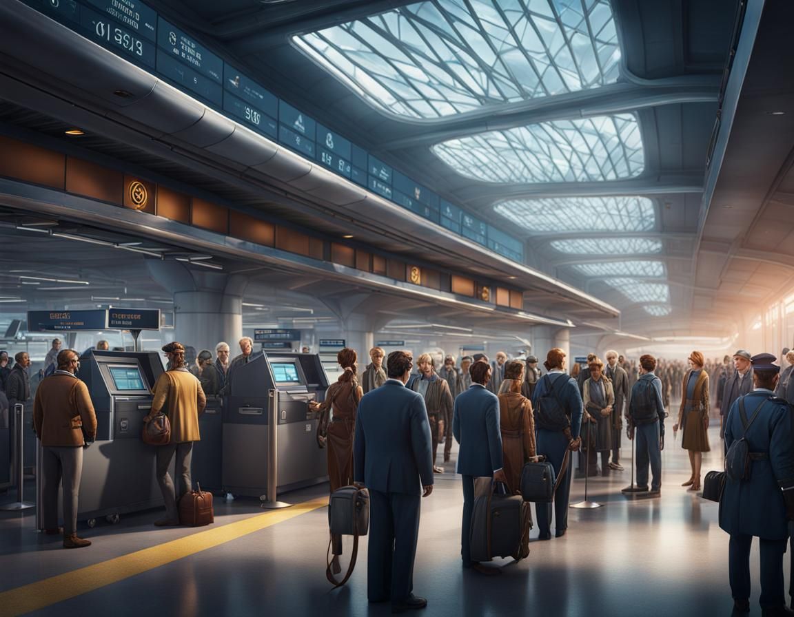 Airport Security Queue in Detailed Matte Painting Style