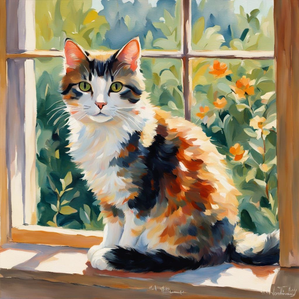 Curious Cat in Impressionist Style