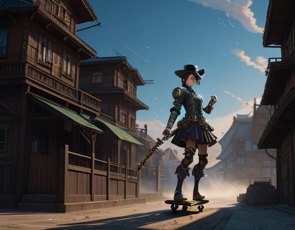 Steampunk Anime Woman Skateboarder in Kazakhstan Village
