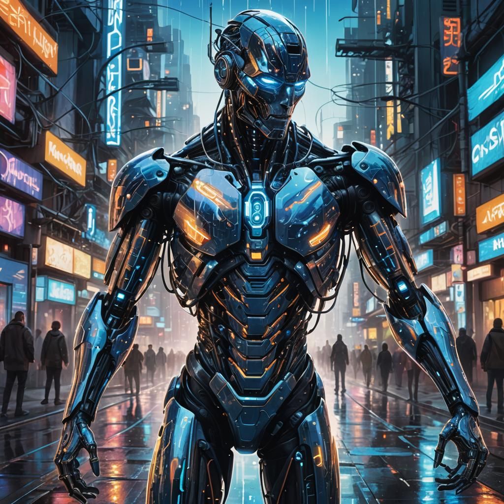 Cybernetic Figure in Futuristic Cityscape